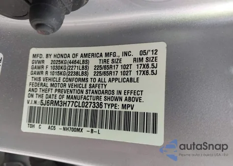 2012 Honda Cr-V Ex-L from USA, damaged, VIN 5J6RM3H77CL027336